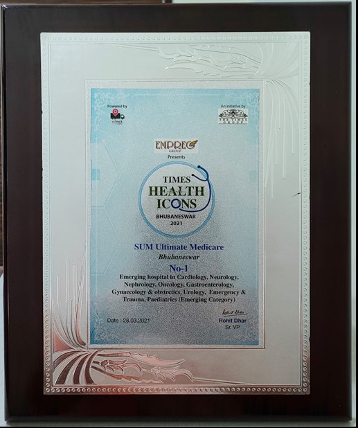 Times Health Icon Award- 2021 as No.1 Emerging Hospital in Cardiology, Neurology, nephrology, Oncology, Gastroenterology, Gynaecology & Obstetrics, Urology, Emergency & Trauma, Paedicatrics.