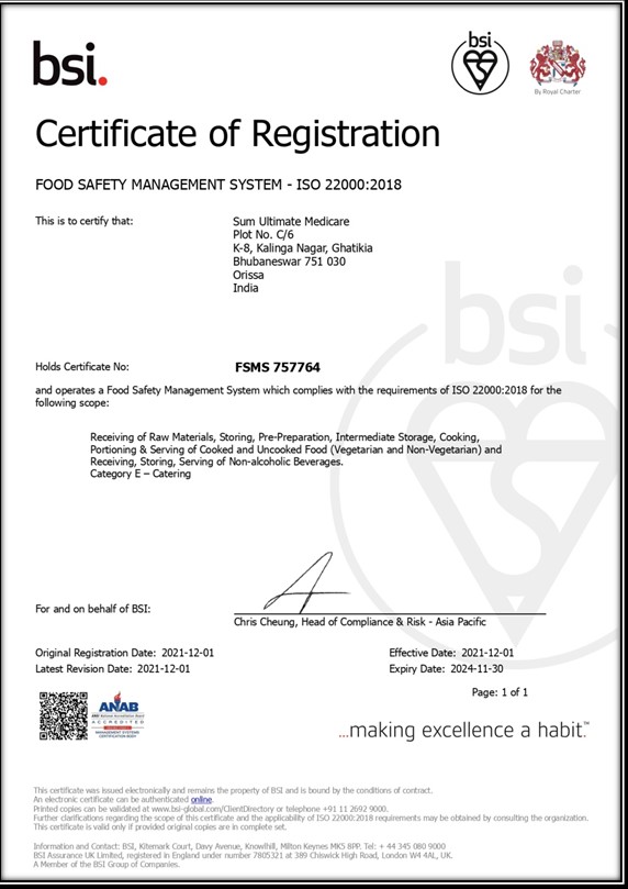 Achieved the HACCP Certification BSI Certificate of Registration for Food Safety Management System with the new edition of ISO 22000 2018 on 12th Dec 2021